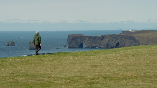 Man Walking Grassy Field Dyrholaey Peninsula Rock Formations Iceland Daytime — 비디오