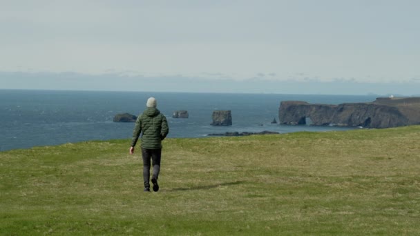 Dzień Szerokie Ujęcie Człowieka Chodzącego Trawiastym Polu Widokiem Półwysep Dyrholaey — Wideo stockowe