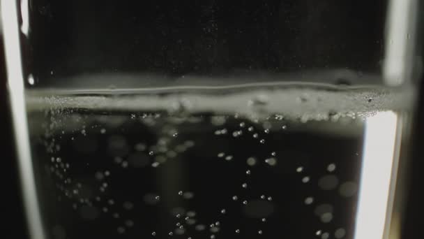Een Close Shot Van Bubbels Langzaam Opstijgend Een Wijnglas Tegen — Stockvideo