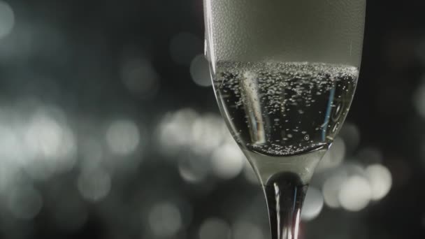 Close Shot Champagne Bubbles Rising Wine Glass Dark Background — Stock Video