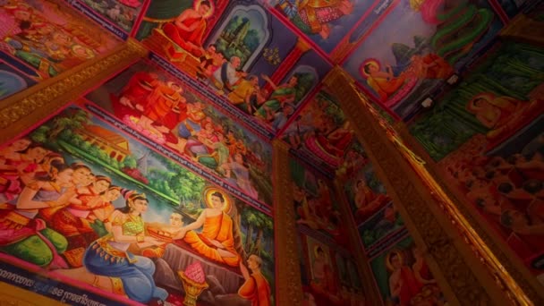 Buddhism Tempel Frescoes Buddha Kolumner — Stockvideo