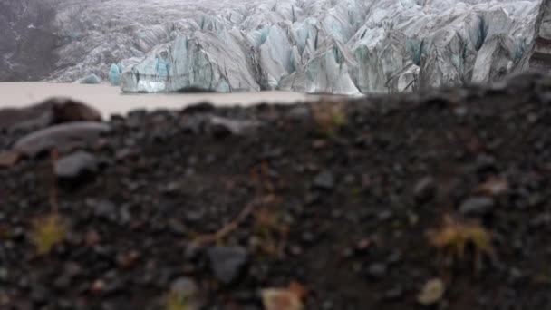遠くから岩の多い湖畔の端に立っている男と土のクローズアップを示す傾きのショット 霧のような雰囲気の下でSvinafellsjokull氷河を見る アイスランドのSkaftafellで日中 — ストック動画