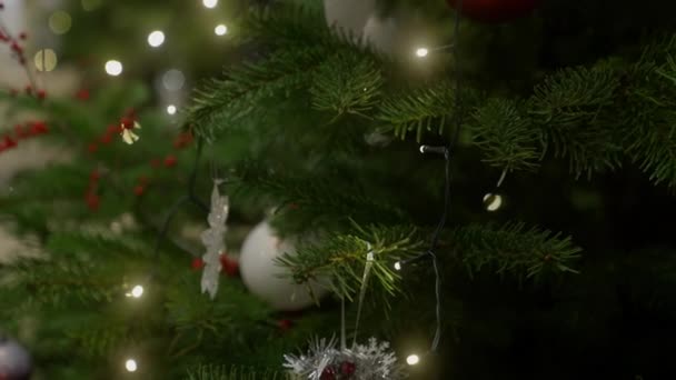 Lutningsskott Rör Sig Nedåt Visar Jul Dekorationer Och Ljus Hängande — Stockvideo