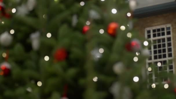 Noel Ağacının Yakın Çekimleri Bokeh Işık Efektleri Bulanık Dekorasyonlar — Stok video