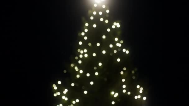 一张朝下移动的倾斜的照片 照片上是一棵模糊的高大的圣诞树 树上点着彩灯 晚上还可以看到一个女孩戴着粉红的便帽 — 图库视频影像