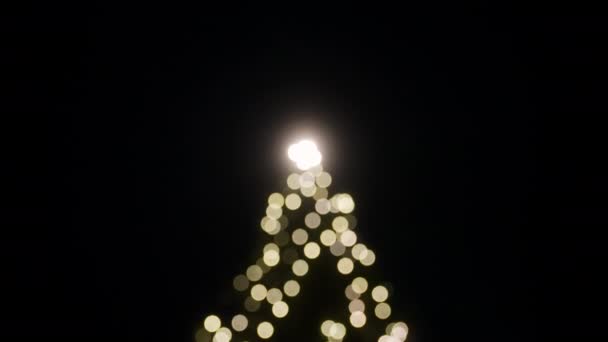 Bokeh Karanlık Gece Gökyüzüne Karşı Uzun Bir Noel Ağacındaki Işıklarını — Stok video