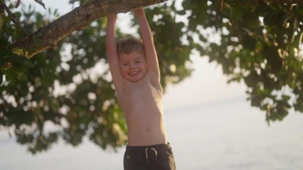Ein Weithin Lächelnder Kleiner Junge Der Einem Baum Hängt Und — Stockvideo