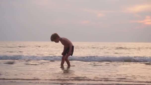 Nagranie Chłopca Patrzącego Morską Wodę Podczas Spaceru Wzdłuż Linii Brzegowej — Wideo stockowe