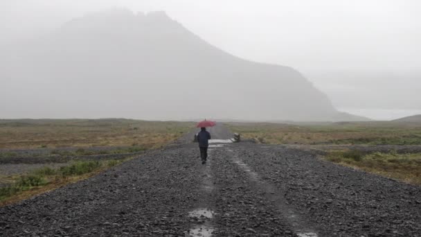 Vista Trasera Hombre Con Paraguas Caminando Por Camino Rocoso Cerca — Vídeos de Stock