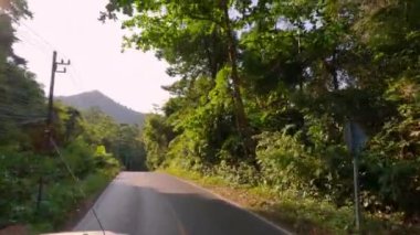 Tayland 'da gündüz vakti ağaçlar ve bitkilerle çevrili kırsal bir yolda bir aracı gösteren bir POV görüntüsü.