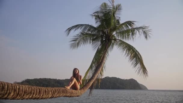 Weitwinkelaufnahme Eines Mädchens Das Während Des Sonnenuntergangs Einem Strand Thailand — Stockvideo