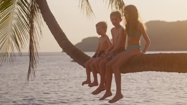 Três Crianças Sorrindo Conversando Enquanto Sentadas Uma Palmeira Dobrada Uma — Vídeo de Stock
