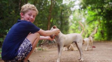 Tayland 'da gündüz vakti üç köpekle oynayan lacivert tişörtlü bir çocuk.