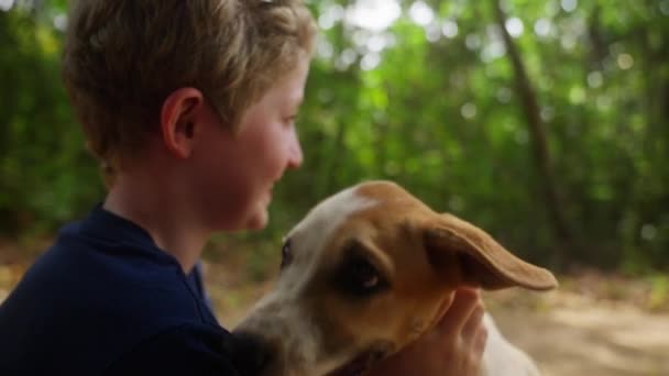 Een Video Van Een Hond Likken Het Gezicht Van Jongen — Stockvideo