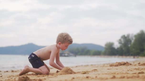 昼間にタイのビーチに砂の城を構築するために 膝の位置に若い男の子 スクラップや砂を収集します — ストック動画