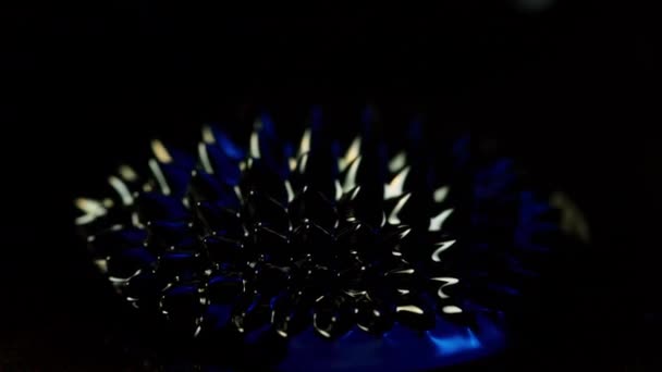 Close Shot Spiky Black Ferrofluid Blue Shade Dark Background — Stock Video