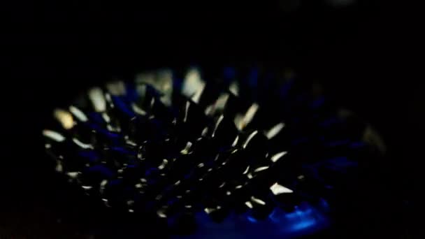 在黑暗的背景下 一个带有蓝色阴影的尖尖黑色铁磁流体的特写镜头快速旋转 — 图库视频影像