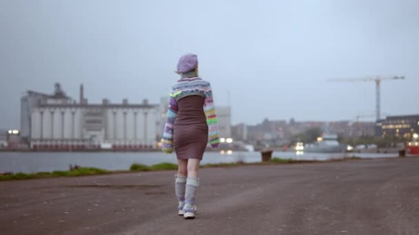 昼間に港の近くを歩くカラフルなニットを着た女性の背中の景色を示す広いショット — ストック動画