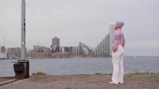 水の体の近くに立ってピンクと紫のウールのセーターで女性の広いショットは 昼間の周りを見回します — ストック動画