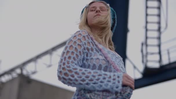 Low Angle Medium Arc Shot Blonde Woman Light Blue Knitwear — Stock Video