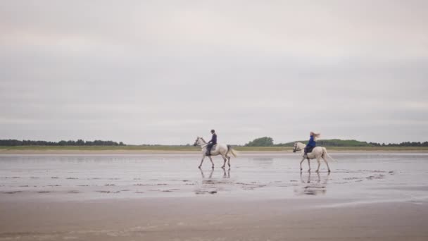 Bred Bild Visar Två Unga Kvinnor Rida Vita Hästar Våt — Stockvideo