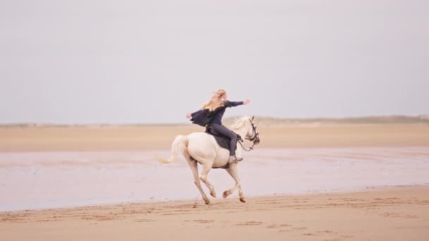 Bred Bild Blond Flicka Rider Vit Häst Med Armarna Vidöppna — Stockvideo