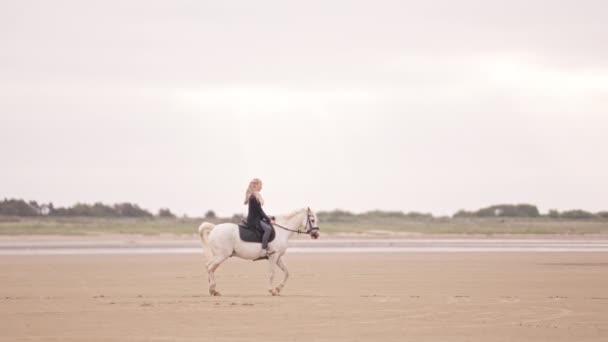 Bred Bild Visar Sidan Långhårig Blond Flicka Rider Vit Häst — Stockvideo
