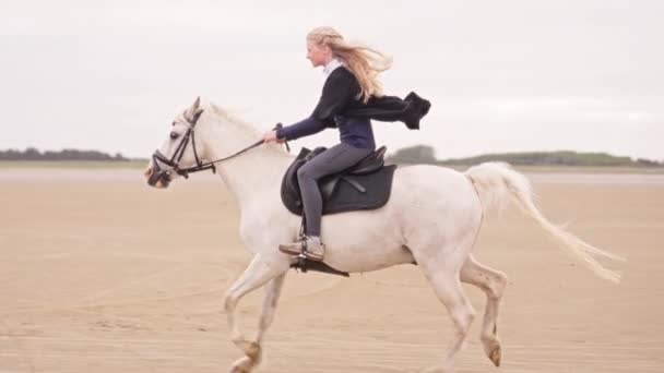 Tiro Largo Uma Menina Loira Montando Cavalo Branco Campo Aberto — Vídeo de Stock