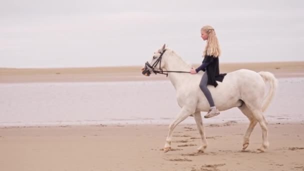Widok Boku Strzał Blondynki Młoda Dziewczyna Koń Jazda Piaszczystej Ziemi — Wideo stockowe