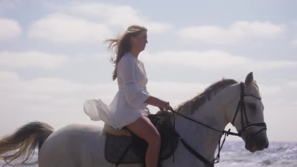 Średnie Ujęcie Dziewczyny Białej Sukience Jeżdżącej Konno Plaży Słoneczny Dzień — Wideo stockowe