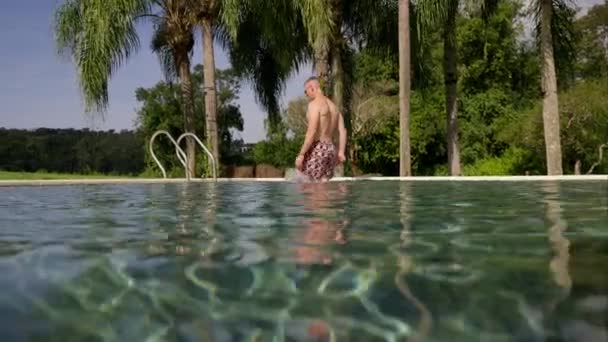 View Pool Palm Trees Man Steps Out Water Broad Daylight — Stock Video