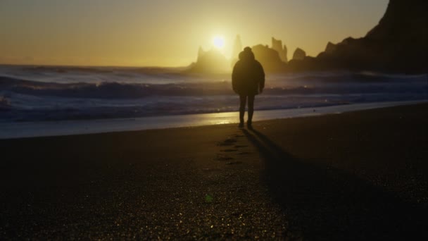 Hombre Camina Cerca Las Olas Que Precipitan Las Playas Reynisfjara — Vídeos de Stock