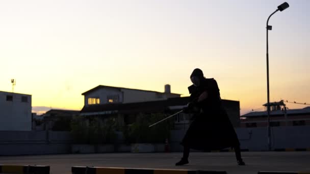 Homme Passe Facilement Une Position Autre Pratiquant Ses Techniques Épée — Video