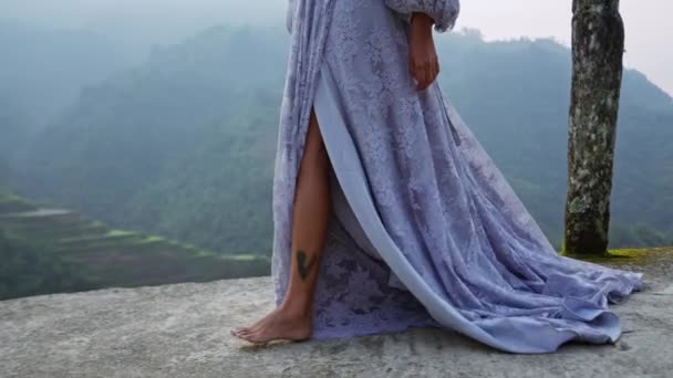 在蓝色的时间里 一位身穿花香花边裙的妇女站在山边 眺望稻田美景的特写镜头 — 图库视频影像