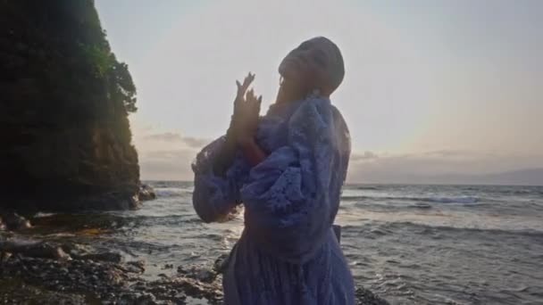 Medium Shot Woman Wearing Lace Dress Dancing Rocky Seashore Oncoming — Stock Video
