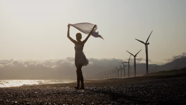 日没の鮮やかな色合いの中で 女性はビーチに立って タワーの風力タービンで囲まれた彼女のシルエット — ストック動画