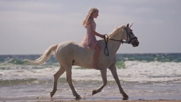 Zdjęcie Boku Młodej Blondynki Sukience Jeżdżącej Białym Jednorożcu Plaży Ciągu — Wideo stockowe