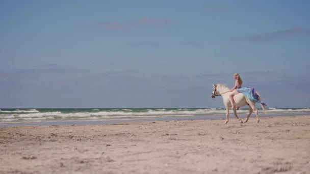 Широкий Снимок Блондинки Голубом Платье Катающейся Белом Единороге Пляже Дневное — стоковое видео