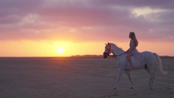 Wide Shot Blonde Girl Dress Riding White Horse Sandy Soil — Stock Video