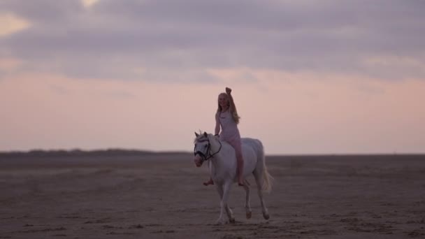 Szerokie Ujęcie Młodej Blondynki Podnoszącej Rękę Podczas Jazdy Białym Koniu — Wideo stockowe