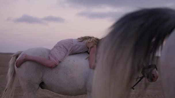 Flicka Omfamnar Ömt Majestätisk Vit Häst Som Visar Kärlek Och — Stockvideo