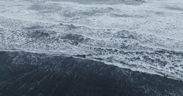 Strzał Powietrza Pokazuje Falę Oceaniczną Rozbijającą Się Brzegu Czarnej Plaży — Wideo stockowe