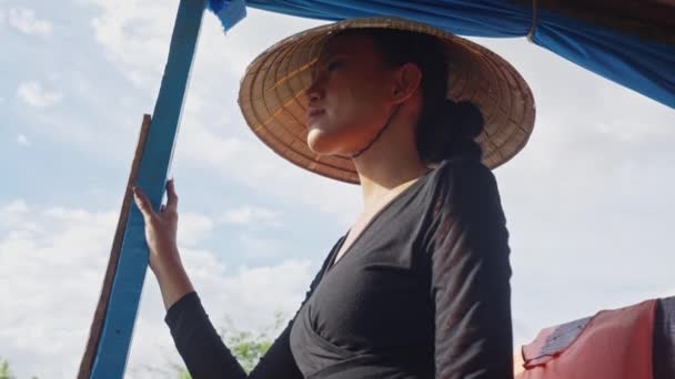 View Woman Wearing Conical Hat Low Angle — Stock Video