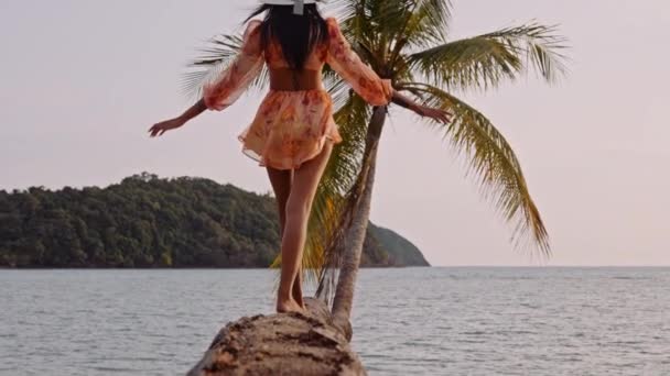Radośnie Wyciągniętymi Ramionami Kobieta Spaceruje Pięknie Wygiętej Palmie Obejmując Tropikalny — Wideo stockowe