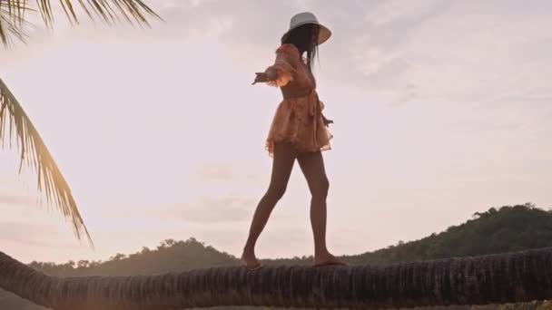 Magical Hour Sunset Woman Moves Grace Bent Palm Tree Tranquil — Stock Video