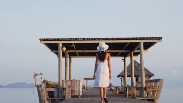 Woman Peacefully Walking Pier Enjoying Calmness Tranquil Day — Stock Video