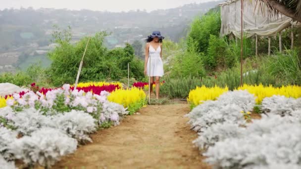 Medio Jardín Vívido Una Mujer Camina Hacia Flores Vibrantes — Vídeo de stock
