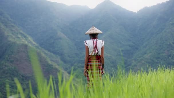 Kvinna Utsmyckad Traditionella Kläder Visar Upp Ett Levande Förkroppsligande Kulturarvet — Stockvideo