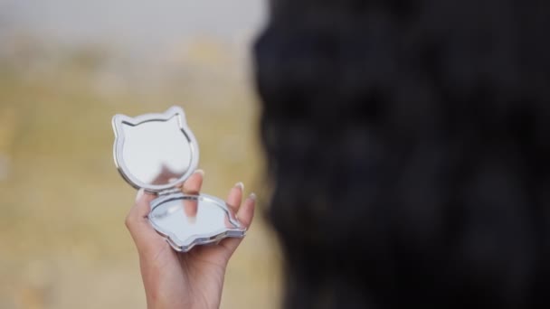 Intricate Close Woman Gazing Her Hand Mirror — Stock Video