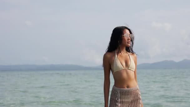 Intrygująca Kobieta Emanująca Urokiem Elegancją Urzekająca Okolicę Stojącą Plaży Otoczona — Wideo stockowe